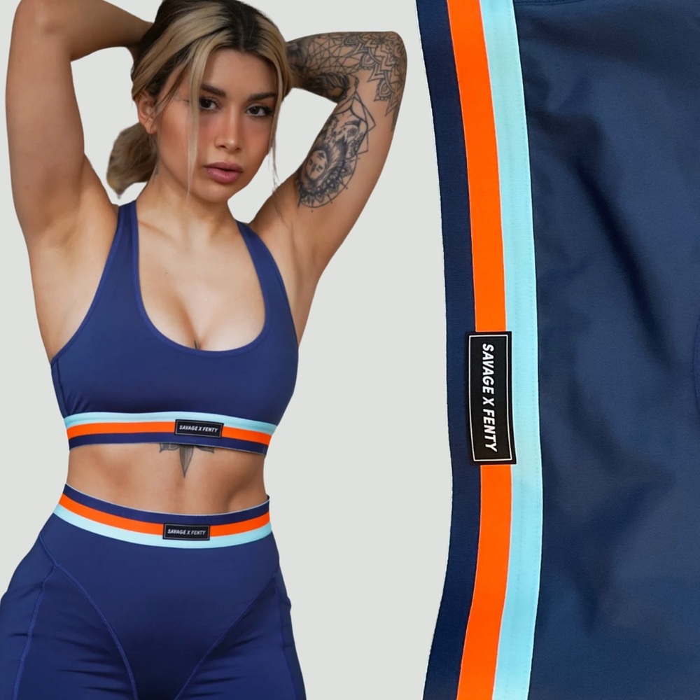 Savage X Fenty Navy Blue Sports Bra with Orange & Light Blue Stripes